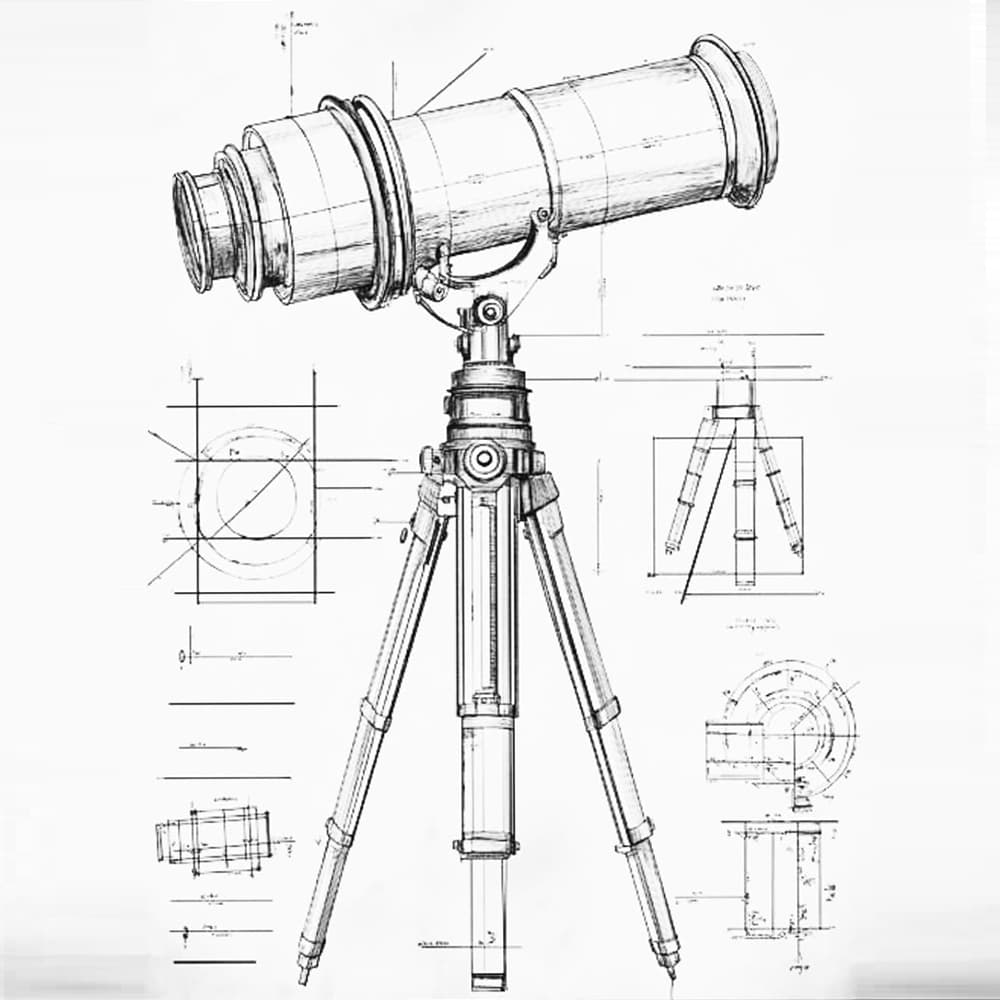 Technical drawing of an antique astronomical telescope